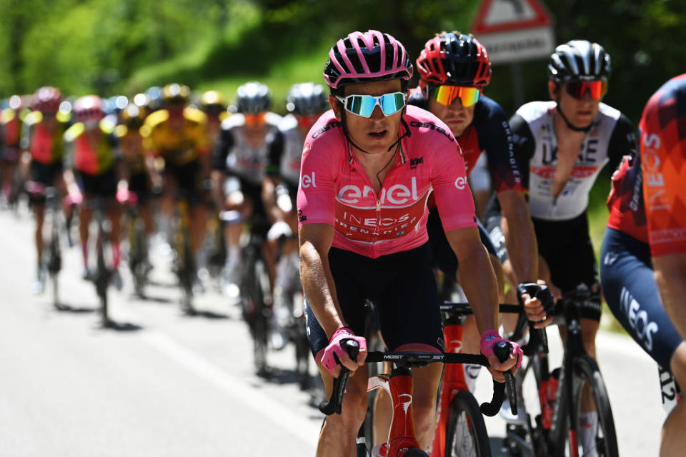 VAL DI ZOLDO  PALAFAVERA ITALY  MAY 25 Geraint Thomas of The United Kingdom and Team INEOS Grenadiers  Pink Leader Jersey competes during the 106th Giro dItalia 2023 Stage 18 a 161km stage from Oderzo to Val di Zoldo  Palafavera 1514m  UCIWT  on May 25 2023 in Val di Zoldo  Palafavera Italy Photo by Tim de WaeleGetty Images