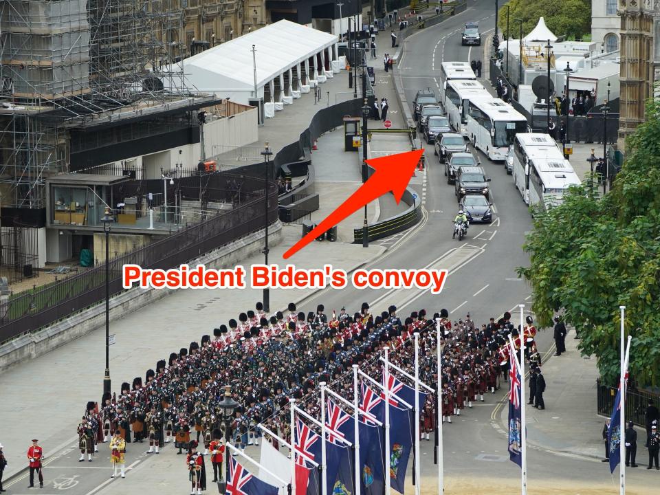 motorcade bringing president Joe Biden to the queen's funeral