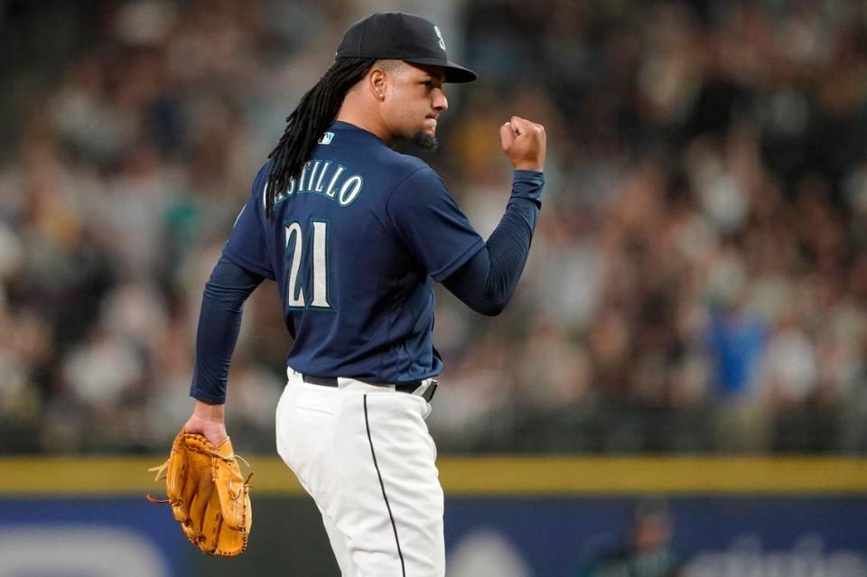 Seattle Mariners starting pitcher Luis Castillo pumps his fist after the top of the seventh inning of the team’s baseball game against the New York Yankees, Tuesday, Aug. 9, 2022, in Seattle.