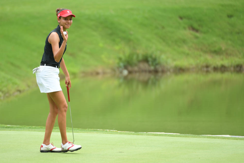 Celeste Dao reacts after putting out on the eighth green during the second round of the U.S. Women’s Open Championship golf tournament at Shoal Creek. Mandatory Credit: John David Mercer-USA TODAY Sports