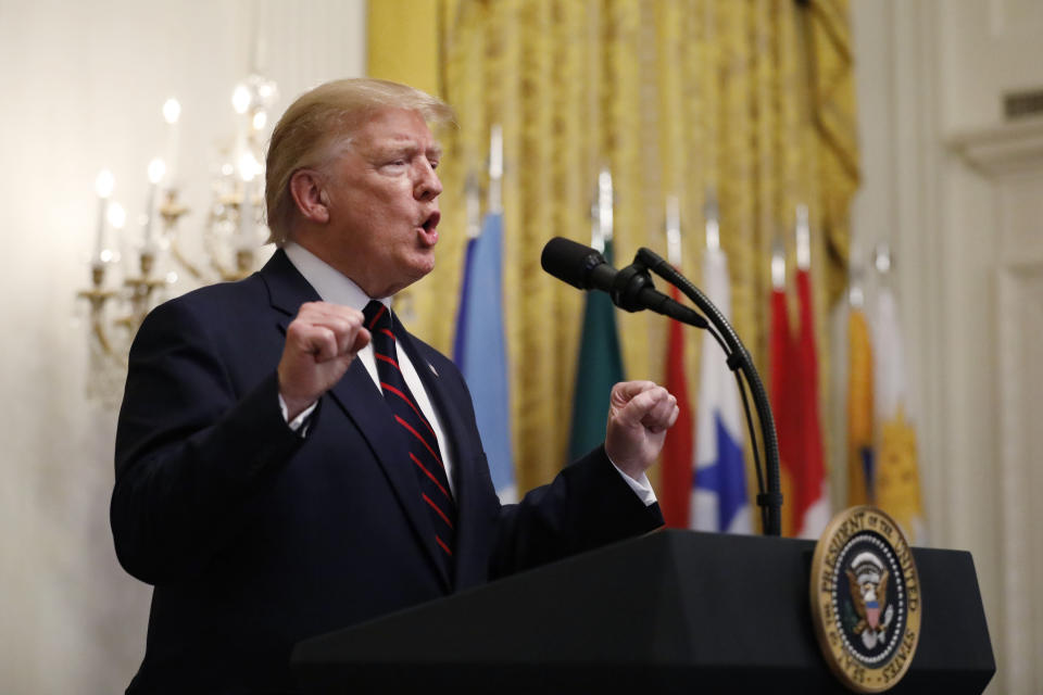 CORRECTS DAY OF WEEK TO FRIDAY FROM THURSDAY- President Donald Trump speaks at the Hispanic Heritage Month Reception in the East Room of the White House in Washington, Friday, Sept. 27, 2019. (AP Photo/Carolyn Kaster)