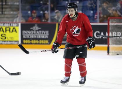 ST CATHARINES, ON - DECEMBER 15:  Brayden Point #13 skates during the Canada National Junior Team practice at the Meridian Centre on December 15, 2014 in St Catharines, Ontario, Canada.  (Photo by Vaughn Ridley/Getty Images)