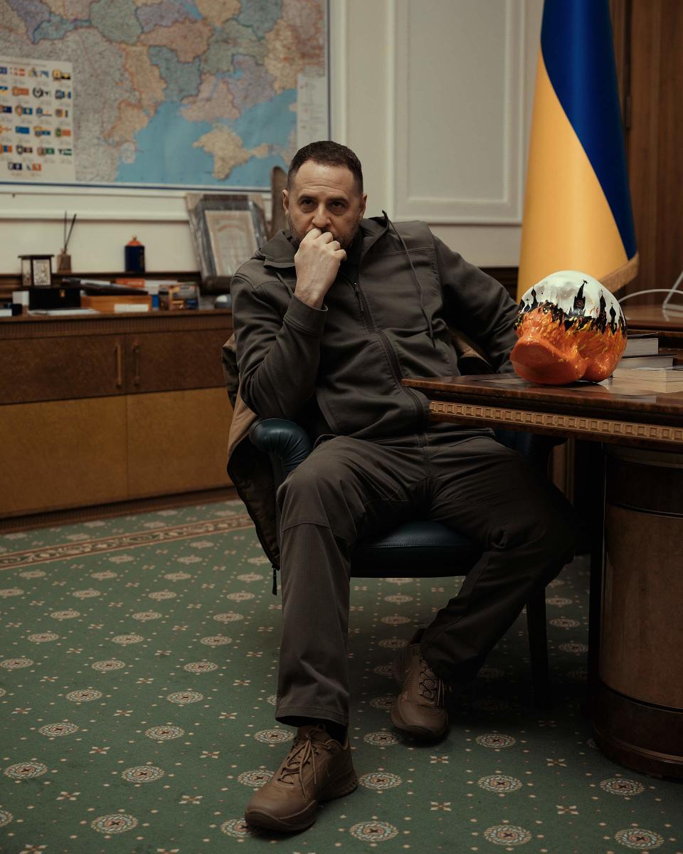 Yermak in his office in November 2022, with a ceramic skull decorated with a burning Kremlin.<span class="copyright">Maxim Dondyuk for TIME</span>