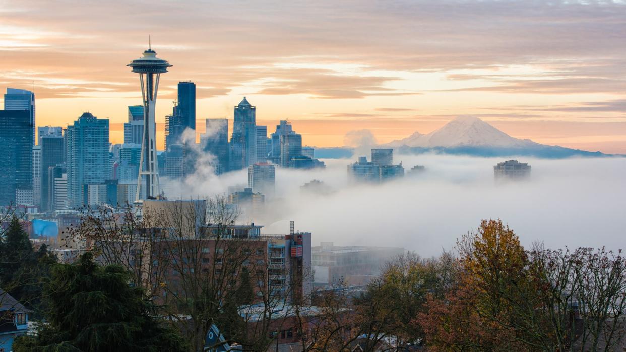 Seattle Downtown and Mount Rainier.