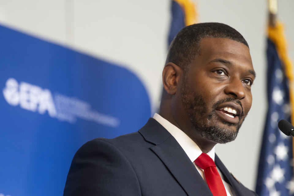 Environmental Protection Agency Administrator Michael Regan announces final standards to reduce pollution from power plants during an event at Howard University on Thursday, April 25, 2024, in Washington. (AP Photo/Kevin Wolf)