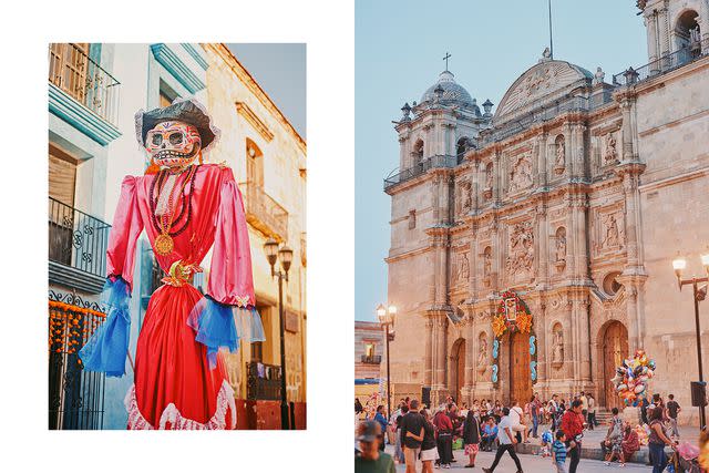 <p>Daniel Seung Lee</p> From left: A giant mannequin in a Día de los Muertos parade; Oaxaca City's cathedral.