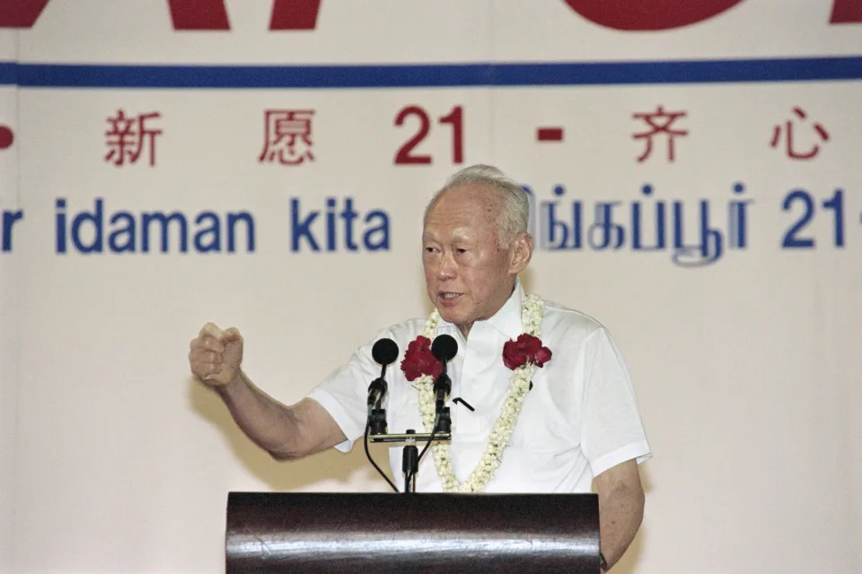 Singapore Senior minister Lee Kuan Yew addresses on December 30, 1996 the public at the People&#39;s Action Party rally in Hougang stadium. Singapore&#39;s durable patriarch Lee has won another five-year termas an MP without a fight, guaranteeing him a continuedrole in Singapore.   AFP PHOTO ROSLAN RAHMAN        (Photo credit should read ROSLAN RAHMAN/AFP via Getty Images)