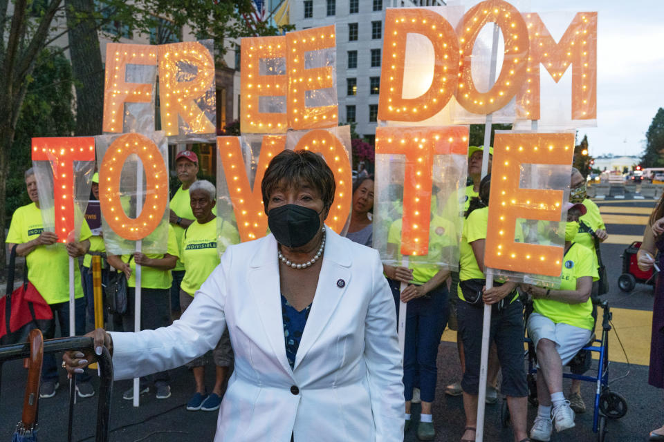 FILE - U.S. Rep. Eddie Bernice Johnson, D-Texas, participates in the Good Trouble Candlelight Vigil for Democracy, supporting voting rights, at Black Lives Matter Plaza in Washington, Saturday, July 17 2021. Johnson, a nurse from Texas who helped bring hundreds of millions of federal dollars to the Dallas area as the region's most powerful Democrat, died Sunday, Dec. 31, 2023. She was 88. (AP Photo/Jose Luis Magana, File)