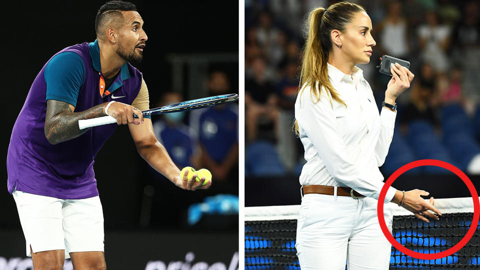 Nick Kyrgios (pictured left) gesturing to the chair umpire that the net technology is malfunctioning and chair umpire Marijana Veljovic  (pictured right) checking the net.