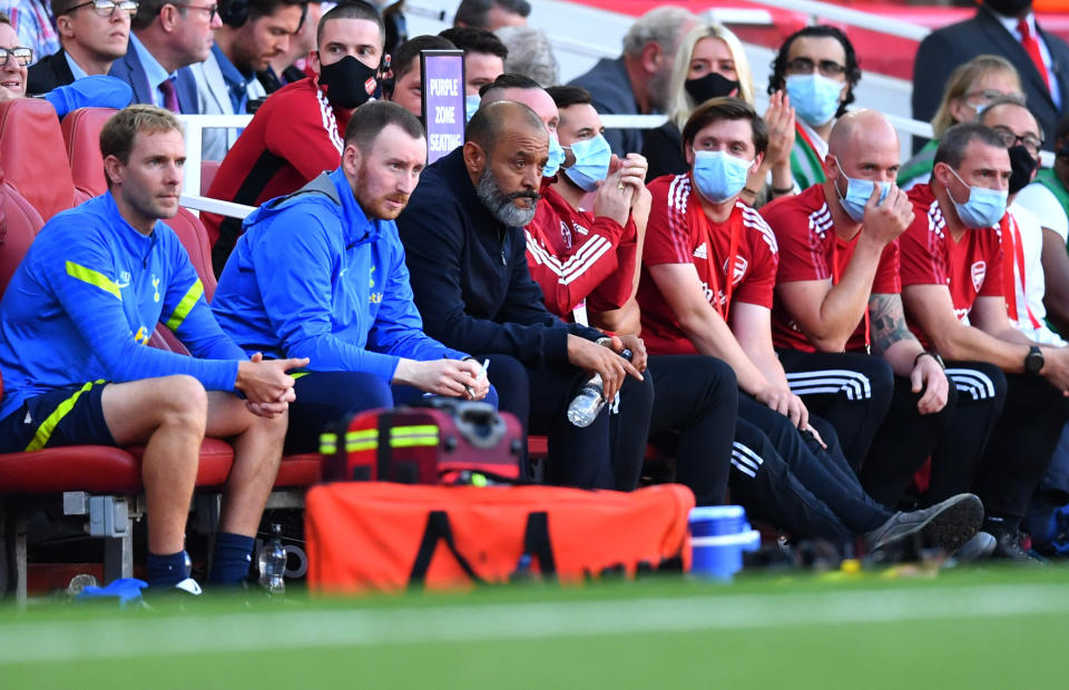 Tottenham Hotspur manager Nuno Espirito Santo (centre) looks on as his team lost 1-3 to Arsenal in the Premier League.