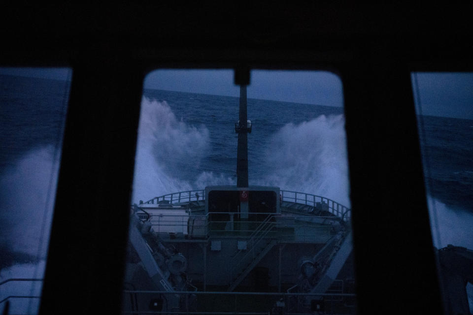 Sea Shepherd Global's Allankay breaks a wave as the ship sails through the Drake Passage in the Southern Ocean, on March 3, 2023. The conservation group operates the Dutch-flagged vessel. (AP Photo/David Keyton)