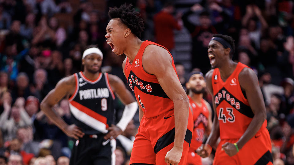 Raptors sophomore Scottie Barnes celebrates a late fourth-quarter bucket. (Photo by Cole Burston/Getty Images)