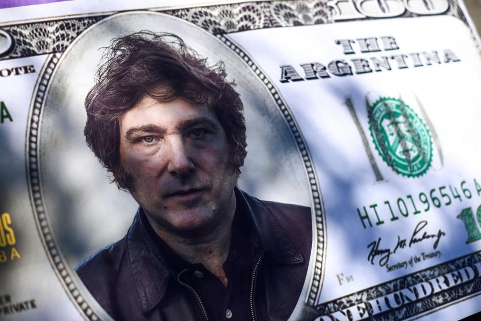 2023年11月16日，阿根廷總統候選人米雷伊造勢活動期間的宣傳品，由於他主張使用美元，因此有人將他的頭像印在百元美鈔上。路透社