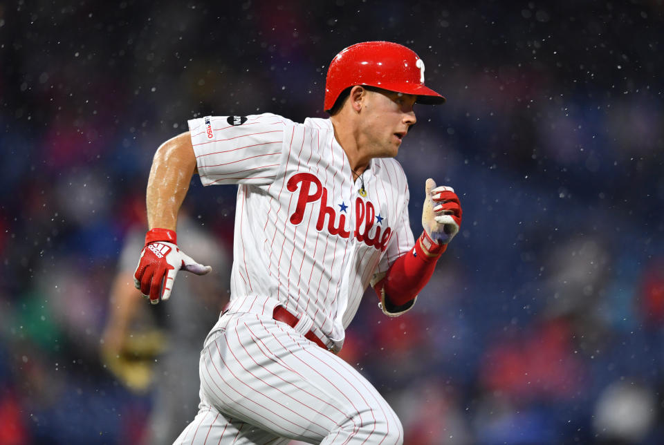 PHILADELPHIA, PA - JUNE 10: Philadelphia Phillies Infield Scott Kingery (4) rounds first on his way to a triple in the second inning during the game between the Arizona Diamondbacks and Philadelphia Phillies on June 10, 2019 at Citizens Bank Park in Philadelphia, PA. (Photo by Kyle Ross/Icon Sportswire via Getty Images)