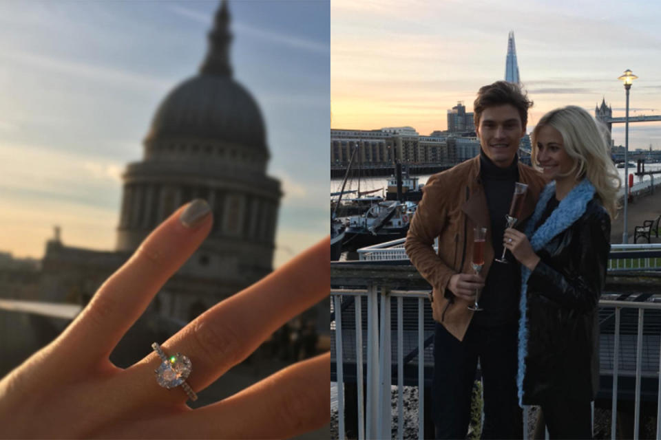 Pixie Lott shared the news of her engagement to beau Oliver Cheshire via her Instagram account in mid-November 2016. The singer was proposed to with an oval shaped diamond, sat on a band of mini diamonds. 