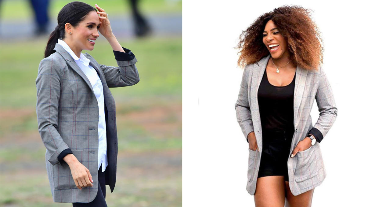 Meghan Markle wearing Serena Williams’ ‘Boss’ jacket in Australia on October 16 [Photo: Getty]