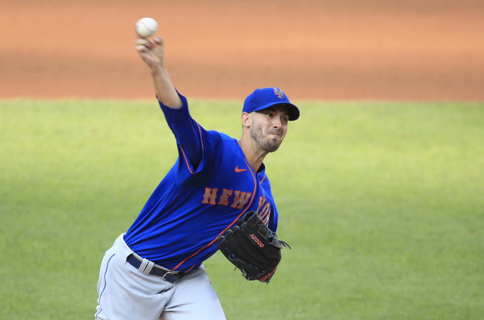 New York Mets starting pitcher Rick Porcello (22) throws during the first inning of a baseball game against the Washington Nationals in Washington, Wednesday, Aug. 5, 2020. (AP Photo/Manuel Balce Ceneta)