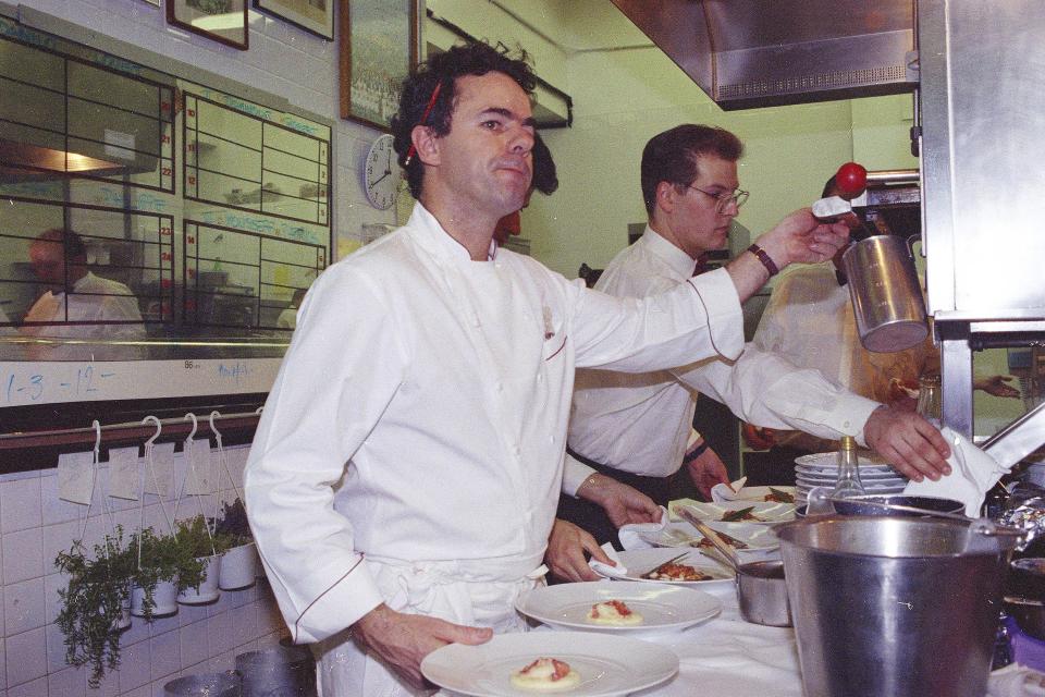 Chef David Bouley works in the kitchen of his restaurant, Bouley, in New York, Nov. 11, 1991.