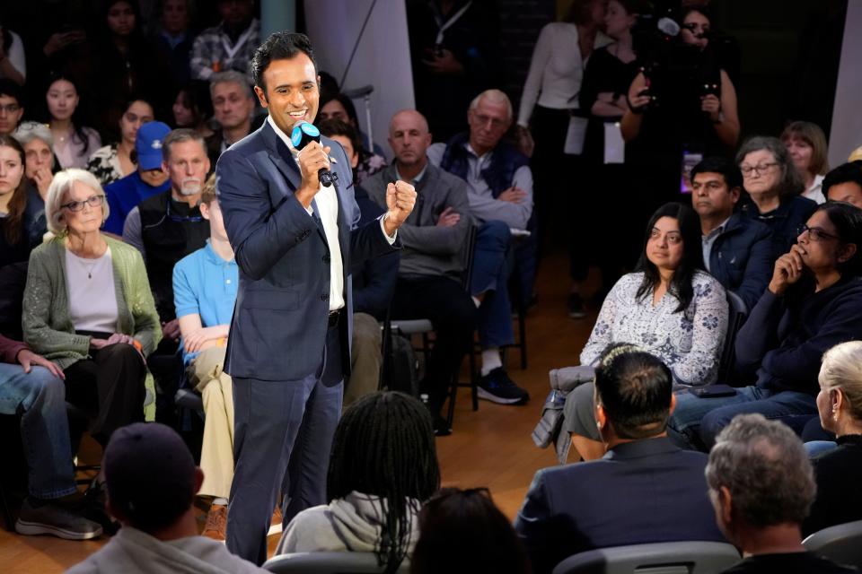 Republican presidential candidate Vivek Ramaswamy speaks during the Seacoast Media Group and USA TODAY Network 2024 Republican Presidential Candidate Town Hall Forum held in the historic Exeter Town Hall in Exeter, New Hampshire.