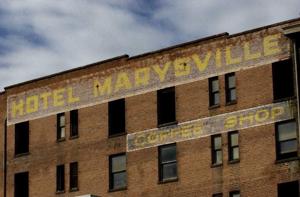 Faded signage is seen on the exterior of the vacant Hotel Marysville in March 2004. On Saturday, June 15, 2024, the five-story historic landmark was gutted by a fire.