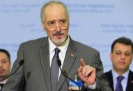 Syrian Ambassador to the U.N. Bashar al Ja'afari, Head of the Syrian government delegation addresses the media after a meeting of Intra-Syria peace talks with United Nations Special Envoy for Syria Staffan de Mistura at Palais des Nations in Geneva, Switzerland, February 25, 2017. REUTERS/Pierre Albouy