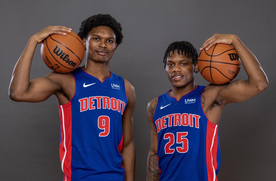 Detroit Pistons rookies Ausar Thompson (9) and Marcus Sasser (25) pose for a portrait during the NBA rookie photo shoot at UNLV on July 13, 2023 in Las Vegas.