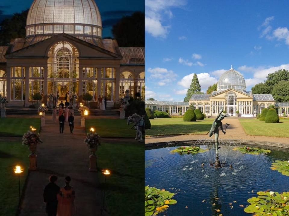 Actors entering Syon Park Great Conservatory at dusk in "Bridgerton" (left) and the same conservatory shown in daylight (right).