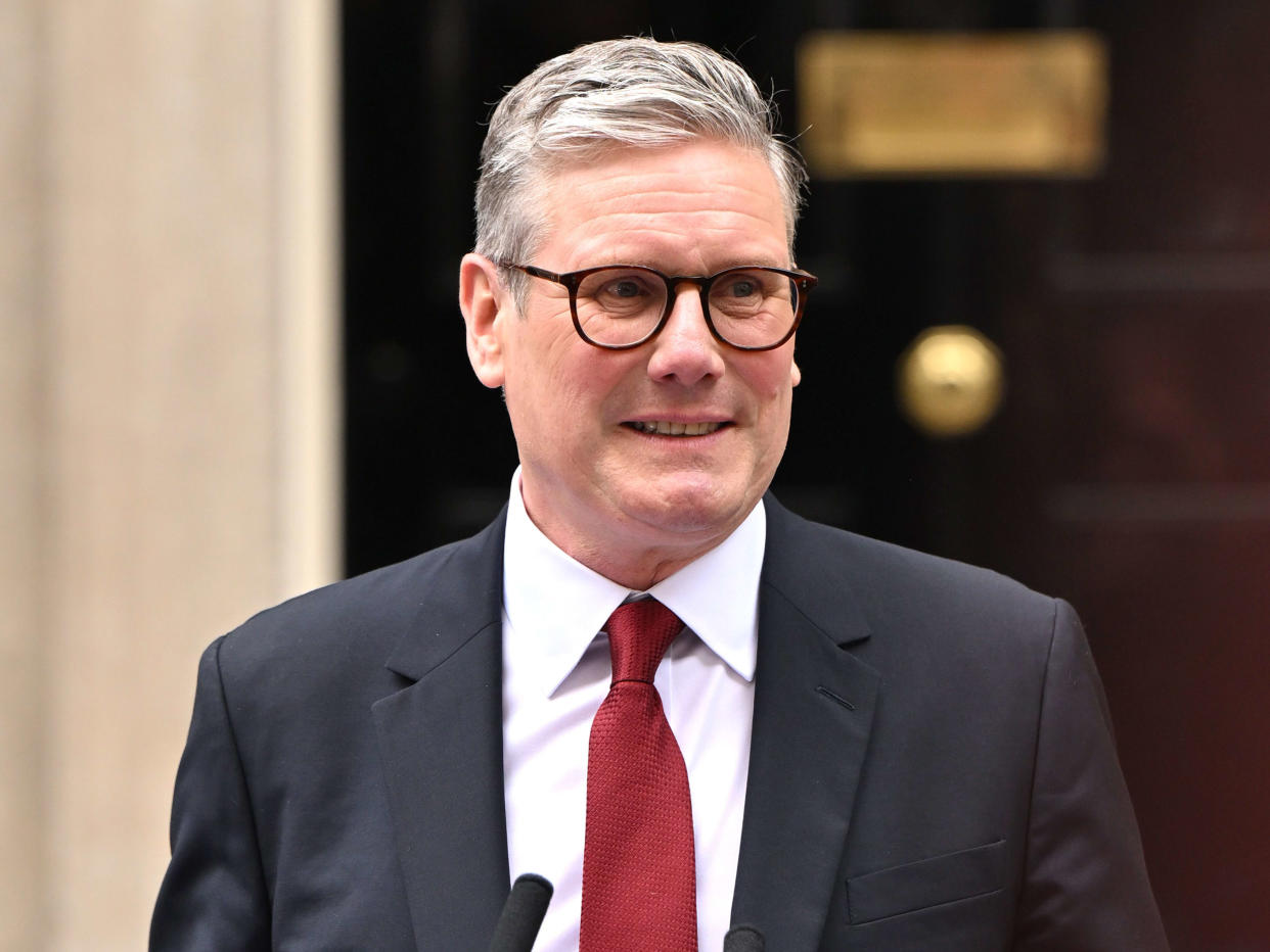 LONDON, ENGLAND - JULY 5:  Labour leader and incoming Prime Minister Sir Keir Starmer speaks to the media as he enters 10 Downing Street following Labour's landslide election victory  on July 5, 2024 in London, England. The Labour Party won a landslide victory in the 2024 general election, ending 14 years of Conservative government. (Photo by Leon Neal/Getty Images)