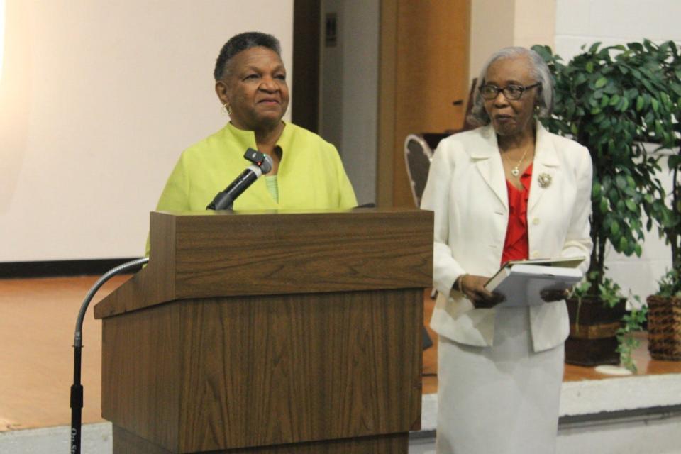 LaVon Wright Bracy, left, accepted an honorary membership extended by the Lincoln High School class of 1965 from Beatrice Ward-Sheppard, right. Bracy said she accepted the honor and also gave Joel Buchanan and Sandra Cummings honor for their bravery in integration of Gainesville High School.
(Photo: Photo by Voleer Thomas/For The Guardian)