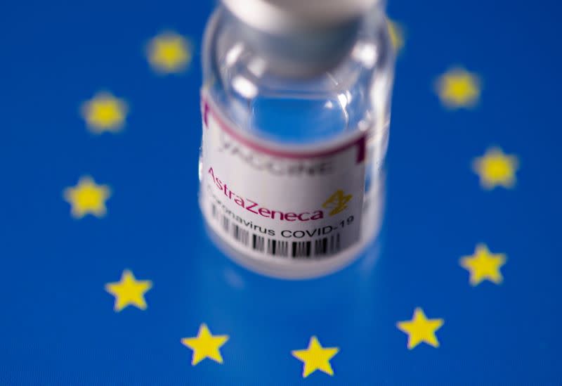 FILE PHOTO: Vial labelled "AstraZeneca coronavirus disease (COVID-19) vaccine" placed on displayed EU flag is seen in this illustration picture