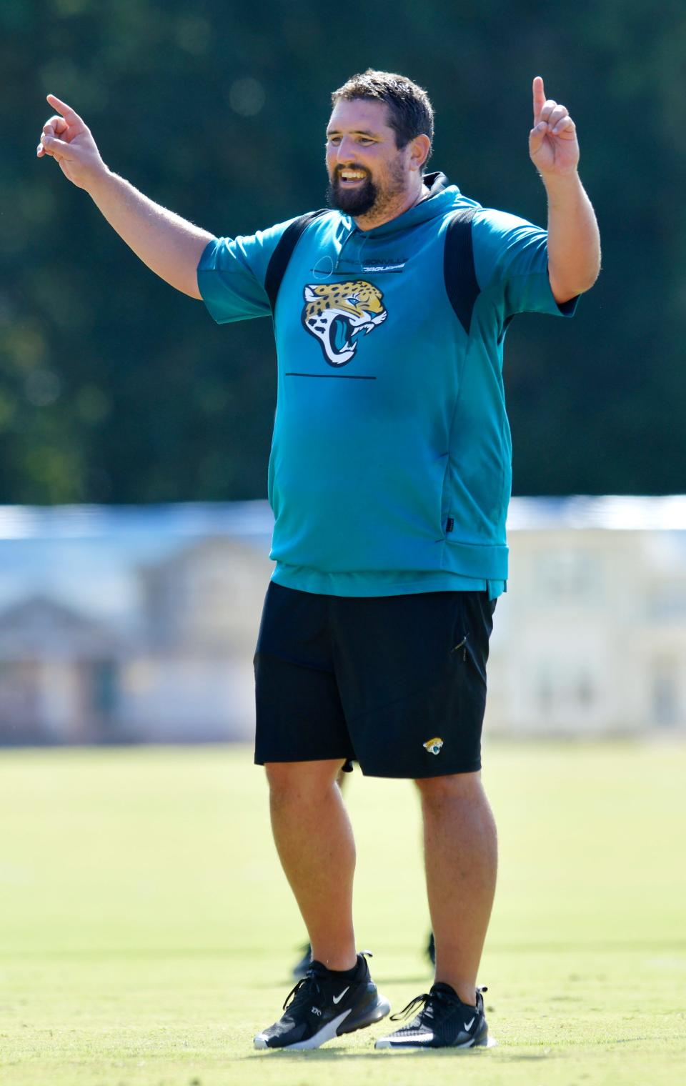 Jaguars Offensive line coach Phil Rauscher during one-on-one drills at Monday's training camp. The Jacksonville Jaguars held training camp Monday, August 1, 2022, at the Episcopal School of Jacksonville Knight Campus practice fields on Atlantic Blvd.