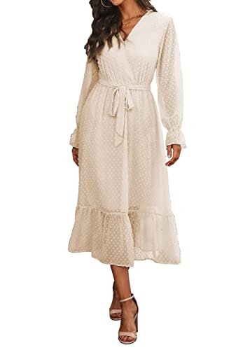 BTFBM Womens Casual Party Dresses 2024 Spring Summer Long Sleeve Wrap V Neck Swiss Dot Swing A-Line Maxi Dress with Belt(Swiss Dot Light Apricot, Medium)