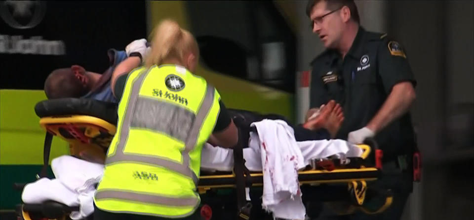 An image grab from TV New Zealand shows a victim arriving at a hospital following a mosque shooting in Christchurch&nbsp;on March 15, 2019.