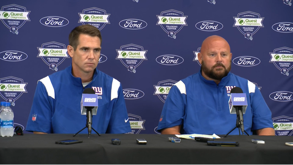 Joe Schoen and Brian Daboll at press conference on day one of training camp in blue jackets