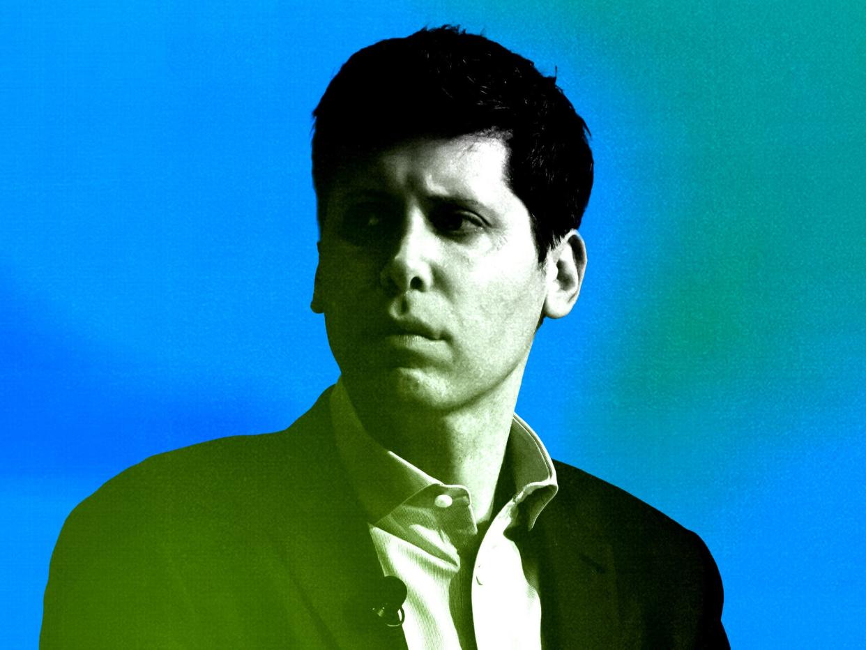 A black-and-white photo of Sam Altman on a blue background.