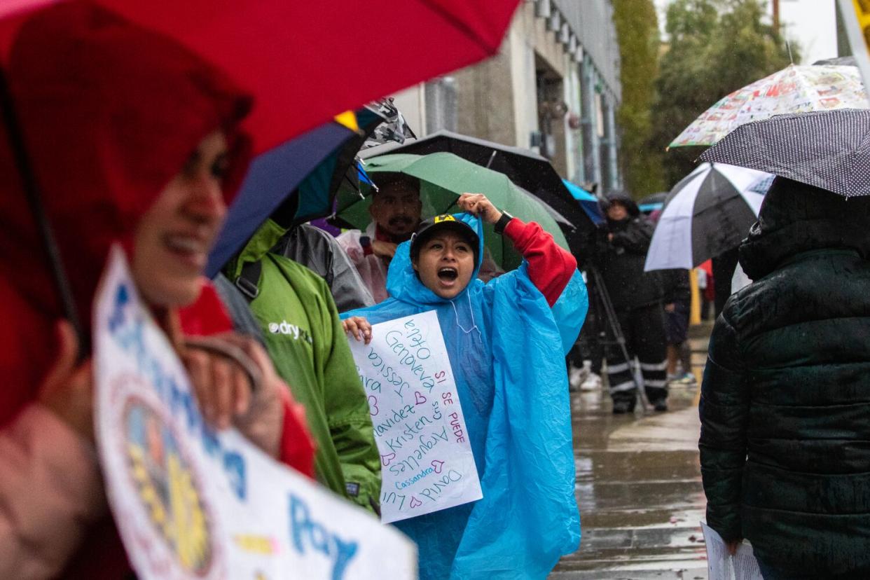 People in rain ponchos hold signs.