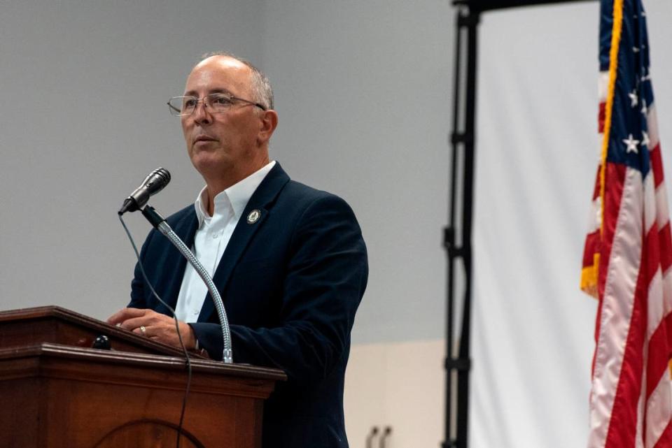 Scotty Adam, a candidate for supervisor district 4 in Hancock County, speaks during an election forum at American Legion in Waveland on Monday, July 10, 2023.