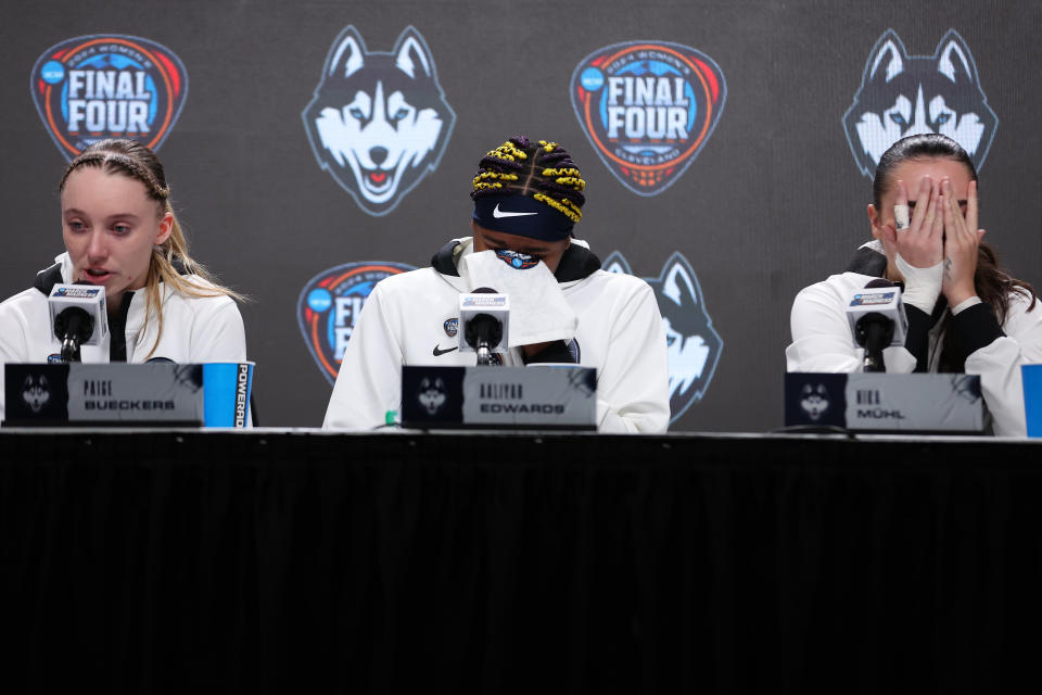 UConn's Paige Bueckers, Aaliyah Edwards and Nika Muhl speak with the media on Friday after their loss to Iowa. (Steph Chambers/Getty Images)