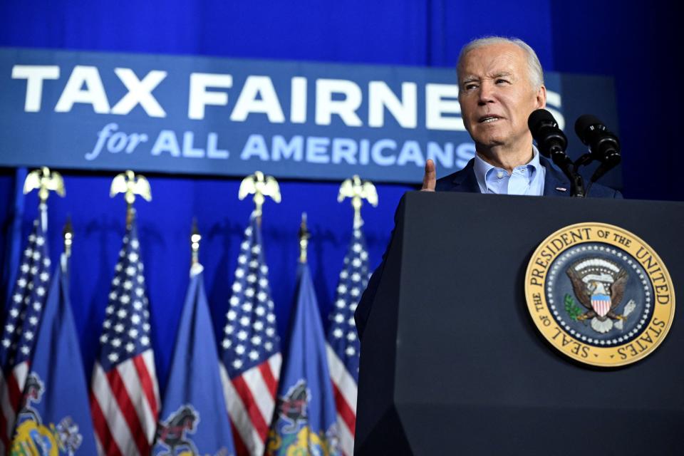 President Joe Biden speaks during a campaign event at the Scranton Cultural Center at the Masonic Temple in Scranton, Pennsylvania, on April 16, 2024.