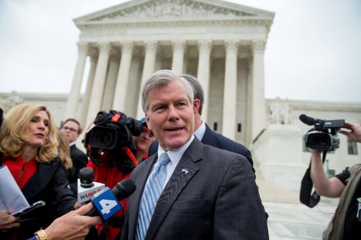 FILE - In this April 27, 2016 file photo, former Virginia Gov. Bob McDonnell speaks outside the Supreme Court in Washington. On Monday, June 27, 2016, The Supreme Court overturned the bribery conviction of McDonnell. (Andrew Harnik/AP)