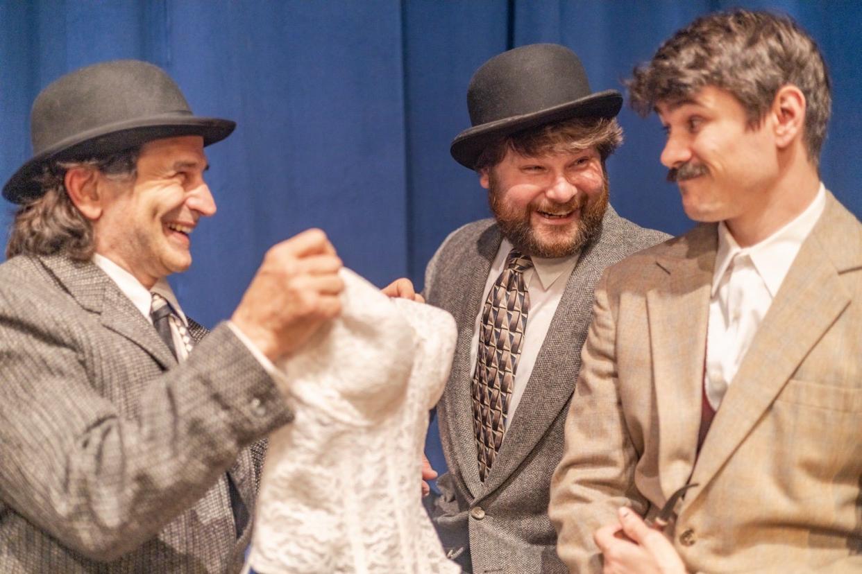 Vincent Bilancio, left, Craig Knight and Collin Szymanski appear in a scene from Elkhart Civic Theatre’s production of "The 39 Steps," which opens May 17 and continues through May 25, 2024, at the Bristol Opera House.
