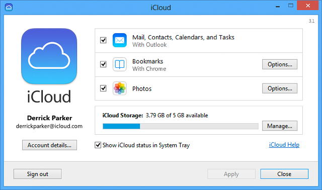 iCloud control panel for Windows