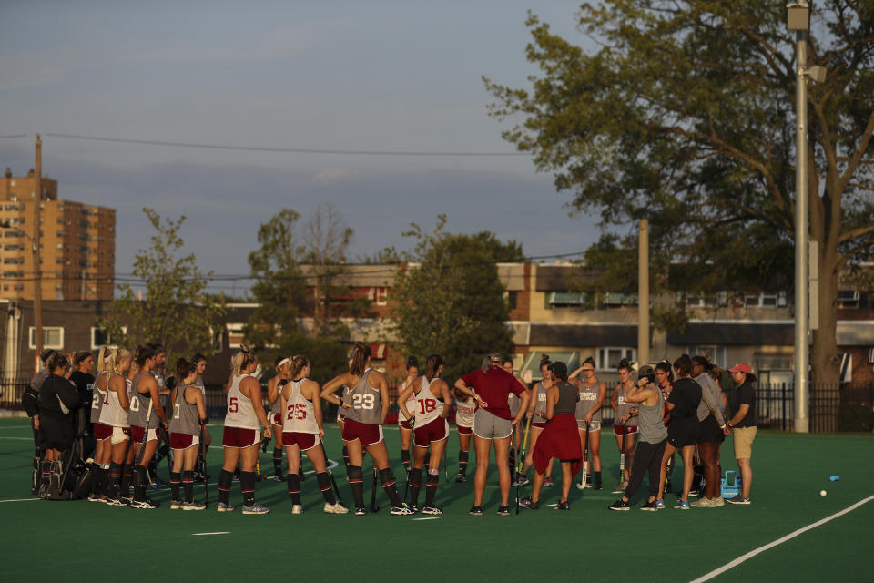 The Temple field hockey team gathers at the conclusion of their practice at Howarth Field in Philadelphia, Tuesday, Sept. 10, 2019. The team's game at Kent State on Saturday against Maine was cancelled due to pregame football fireworks. The team's game at Kent State on Saturday against Maine was cancelled due to pregame football fireworks. After the shock wore off of halting a women's field hockey game in the middle of overtime just so they could shoot off fireworks for a football game that hadn't even started, the captain of the Maine team said it's par for the course when you're a female athlete. Indeed, for all the advances created by Title IX, there's still an awful lot of hearts and minds that still need changing.(Heather Khalifa/The Philadelphia Inquirer via AP)