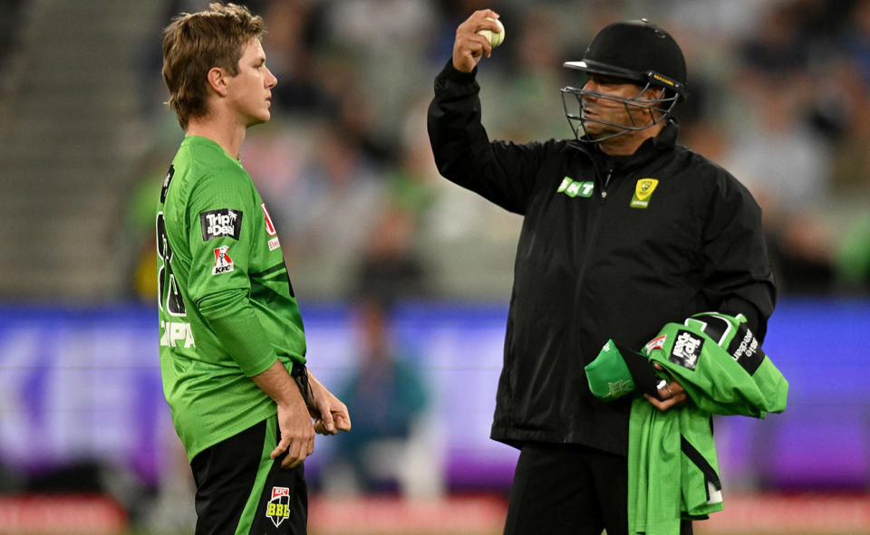 Adam Zampa, pictured here speaking to the umpire after attempting a Mankad on Tom Rogers in the BBL.
