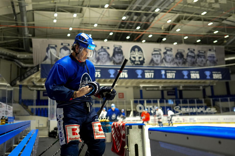 Jaromir Jagr attends a practice session of his team Kladno Knights in Kladno, Czech Republic, Thursday, Feb. 8, 2024. In his 36th season as a professional hockey player, Jagr will take a short break from the Czech league this week and travel to Pittsburgh, where he made his name in the NHL with the Penguins and where his No. 68 jersey will be retired at a ceremony on Sunday. Then it’s quickly back to the Czech Republic to prepare for the next game with the Kladno Knights, who are struggling in last place in the domestic league after a 17-game losing streak. (AP Photo/Petr David Josek)