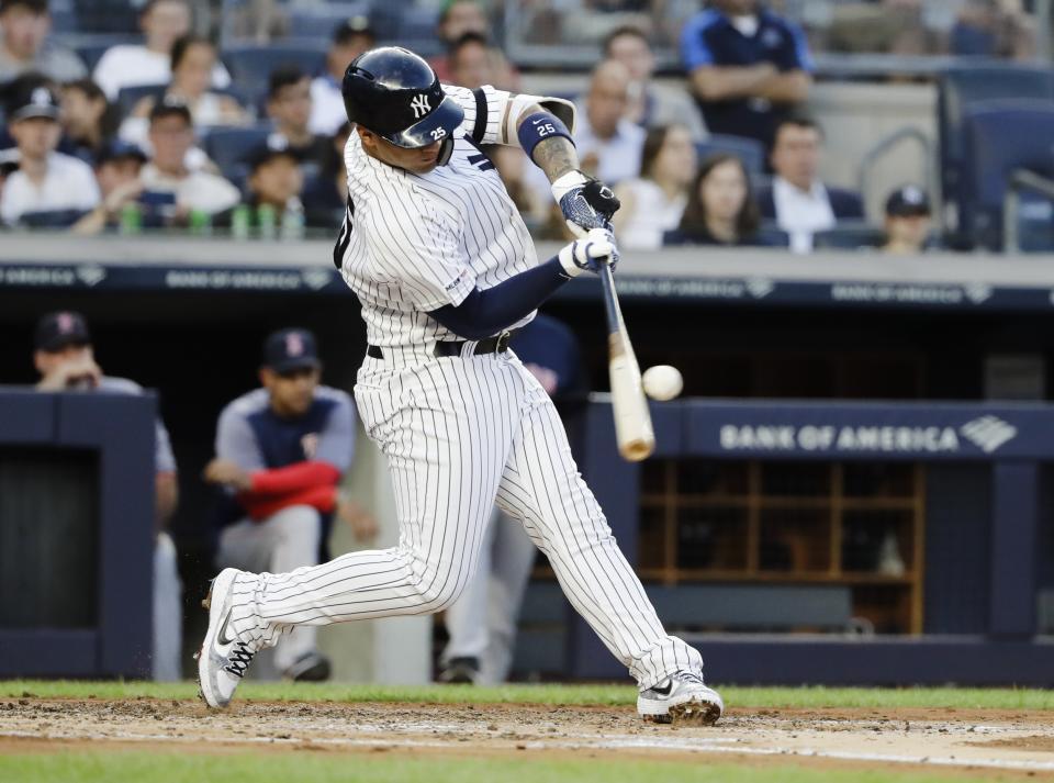 New York Yankees' Gleyber Torres hits a grand slam during the first inning of the team's baseball game against the Boston Red Sox on Friday, Aug. 2, 2019, in New York. (AP Photo/Frank Franklin II)