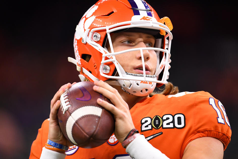 Clemson quarterback Trevor Lawrence looks to pass the football.