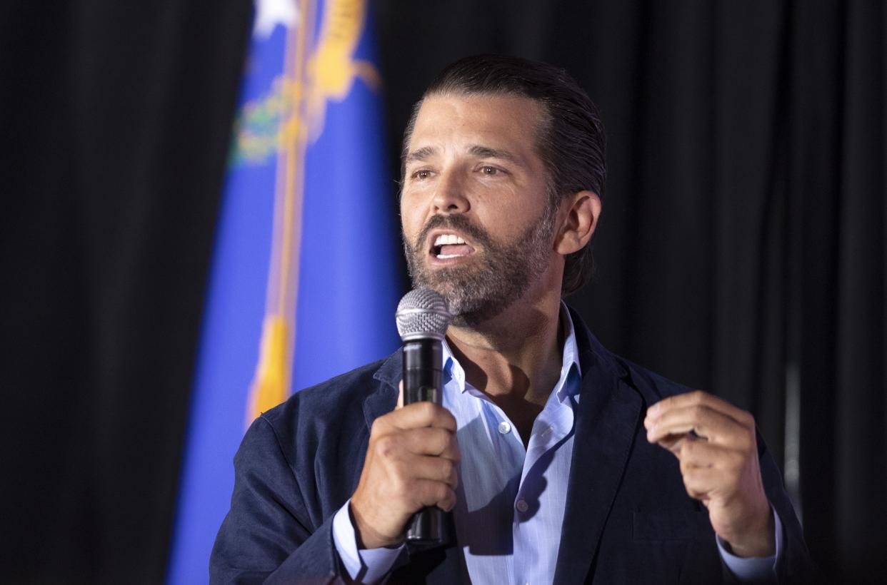 Donald Trump Jr. speaks during a campaign event for Republican Nevada Senate candidate Adam Laxalt  at Stoney's Rockin' Country in Las Vegas Friday, June 10, 2022. 