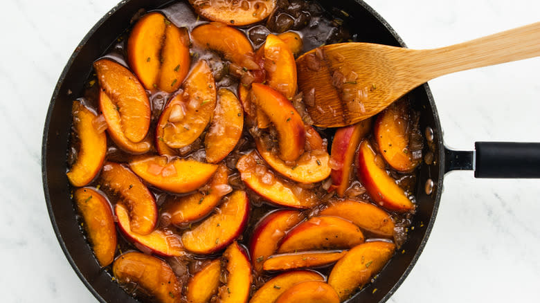 peach sauce in skillet