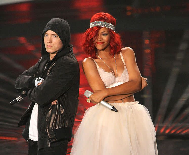 Eminem and Rihanna perform on stage at the 2010 MTV Video Music Awards